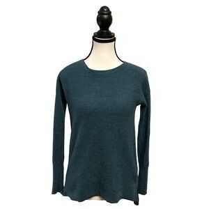 Tahari Teal Waffle Knit Merino Wool Crew Neck Long Sleeve Sweater Top Women  S